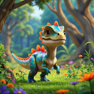 Generate an adorable, small dinosaur with colorful scales and ge...