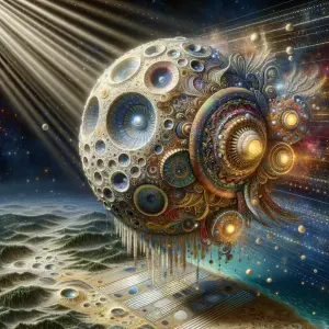 A whimsically surreal moon module, adorned with intricate swirls...
