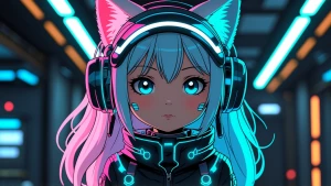 Create an image of a cyberpunk-inspired anime character with a c...