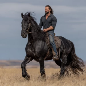 A bodybuilder man with a rugged beard and long brown hair, dress...