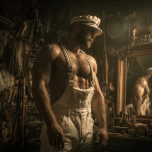 Generate an image of a muscular and hairy handyman without a shi...