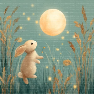 “baby rabbit (Noodle) hopping towards dreamy moonlit world imagi...