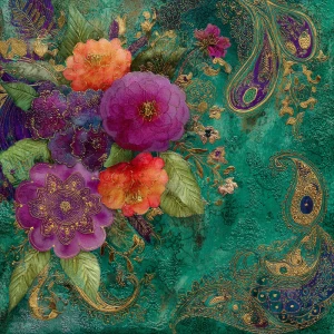 Vibrant boho paisley floral mixed-media scrapbook paper, deep em...