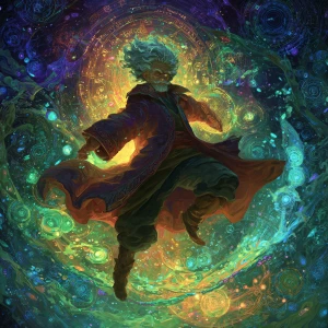 A mysterious and vibrant warlock, floating in mid-air amidst a s...