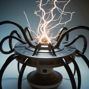 A pulsating, ominous quantum transporter, crackling with darkwav...