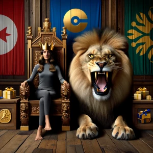 امرأة تجلس  وسط قصر خشبي وعلى رأسها تاج ذهبي لماع  وامامها اسد م...