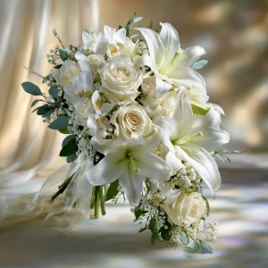 A luxurious sympathy bouquet composed of pristine white lilies,...