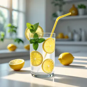 A refreshing glass of lemon water in a clear glass, with fresh l...