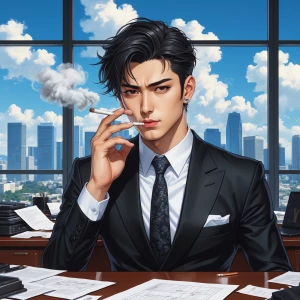 Create a semi-realistic illustration of a handsome Japanese man...
