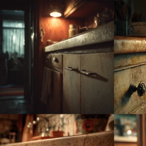 Capture an intimate view of worn-out kitchen cabinets showcasing...