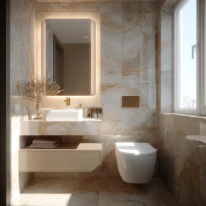 Capture a full view of a tiny yet luxurious bathroom featuring a...