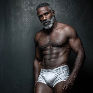 Generate an image of a confident, muscular black-gray man with a...