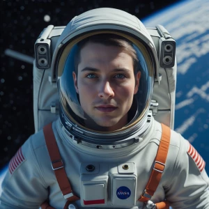 put a face inside a hyper-realistic astronaut suit with a floati...