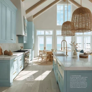 “Bright coastal-style kitchen with soft blue shaker cabinets, wh...