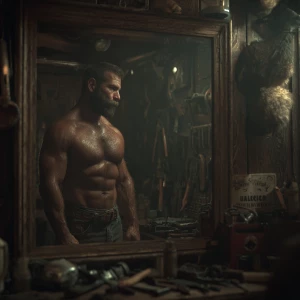 Generate an image of a muscular and hairy handyman without a shi...