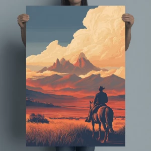 Cinematic western poster style. A lone cowboy on horseback rides...