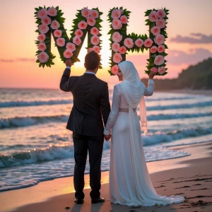 A newlywed couple standing side by side on a sandy beach during...