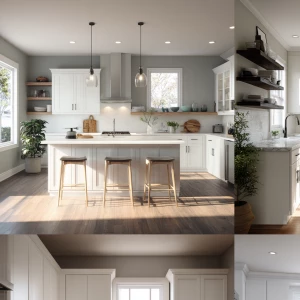 Create a realistic depiction of a contemporary kitchen featuring...