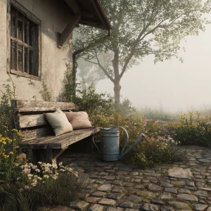 Capture a serene scene of a rustic outdoor lawn next to a cottag...