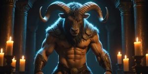 In a dimly lit chamber, a regal thrilling minotaur stands proudl...