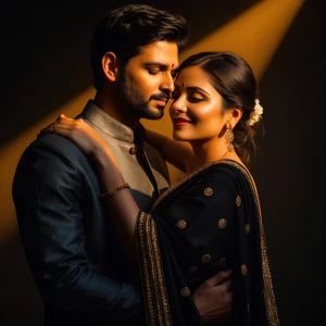 "A cinematic romantic portrait of a couple anding close together...