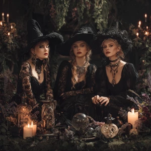 Three elegant witches are gathered in a circle within a shadowy,...