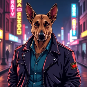 Character DOGE in GTA art style,  , gta style illustration, neon...