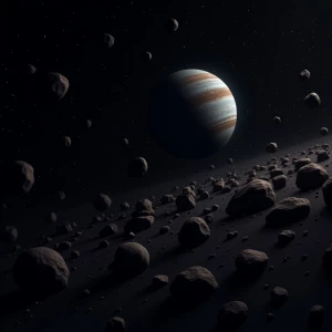 Generate a detailed and realistic illustration of asteroids drif...