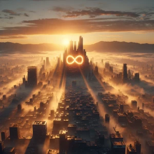 Ultra realistic cinematic wide shot at sunrise, post-apocalyptic...