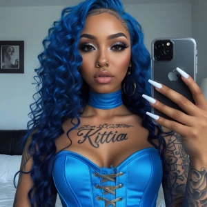 Black girl, Straight Blue curly long hair, blue corset, tattoos...