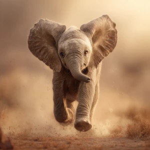 A baby African elephant named Ember, running toward the camera w...