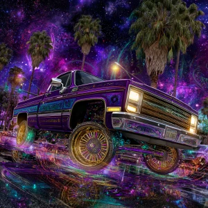A classic lowrider truck bouncing on hydraulics, its candy paint...