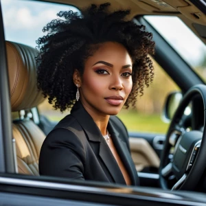 An image of a black successful woman in her range Rover