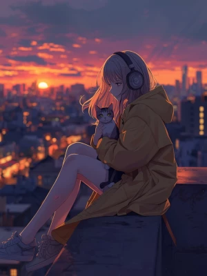 cinematic anime girl sitting on a rooftop edge wearing a yellow...