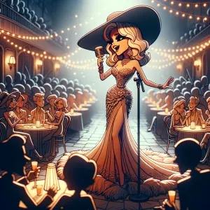 Tall girl singer in fancy dress and big hat singing at degenate...