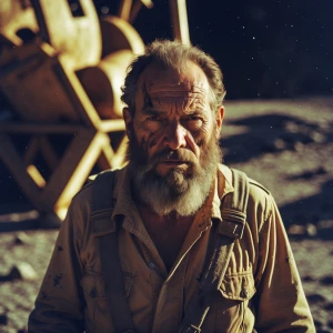 A grizzled, world-weary moon miner, his face etched with the sha...