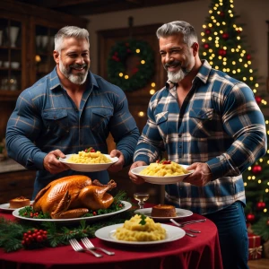 Two bodybuilders men wearing blue jeans and 2 different flannel...