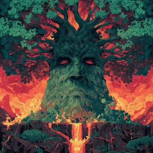 Create an image of a colossal tree exuding toxicity with a human...