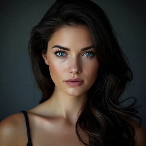 Realistic woman 33 years old blue eyes dark hair