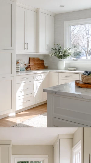 A bright modern kitchen with freshly painted cabinets in soft wh...