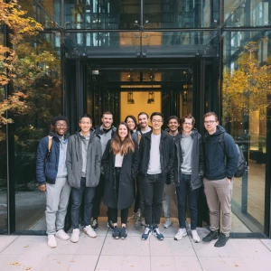 10 employees posing for a picture at the entrance of a company.