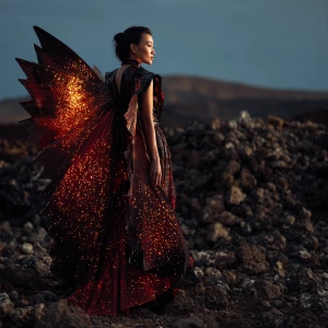 Surrealist couture photography, model standing in volcanic terra...