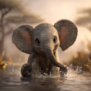 A young African elephant calf named Ember joyfully sitting in a...