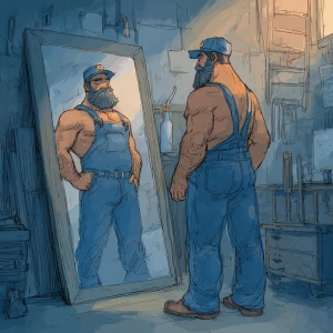 Generate an image of a muscular and hairy handyman without a shi...