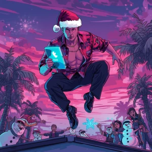 GTA Vice City loading screen panel: Elon Musk as cyber-elf gangs...