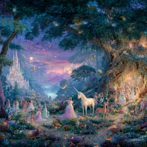 In the heart of an enchanted forest, shimmering fairies and maje...