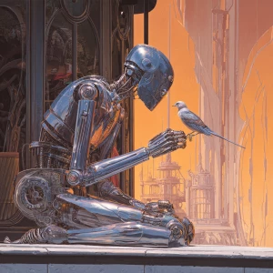 Retro-futuristic concept art. A sleek, chrome-plated robot with...