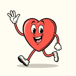 Create a retro cartoon-style heart character featuring arms and...