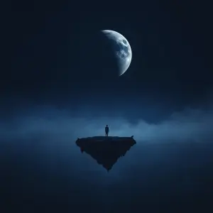 A tiny solitary figure standing on a small dark floating island...