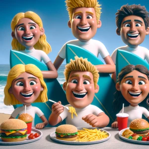 I want a Wallace and grommet style animation of 5 surfing 3 blon...